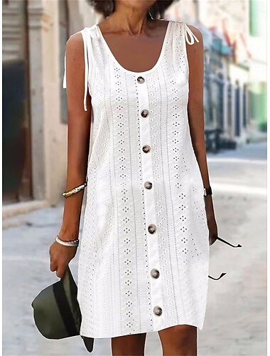 Mujer Vestido hasta la Rodilla Vestido blanco Vestido informal Vestido de verano Vestido con ojales Moda Moderno Playa Vacaciones Festivos Ajuste regular Plano Sin Mangas Escote en U Azul Piscina