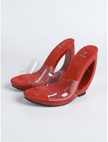  Sandalias de cuña esculturales rojas para mujer con tira transparente: tacones de punta abierta que marcan tendencia para discotecas y cenas privadas. &fiestas nocturnas exclusivas