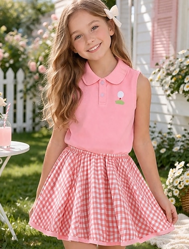  2 Stück Kinder Mädchen Karomuster Anzüge einstellen Ärmellos Aktiv Outdoor Ab 4 Jahren Sommer Rosa