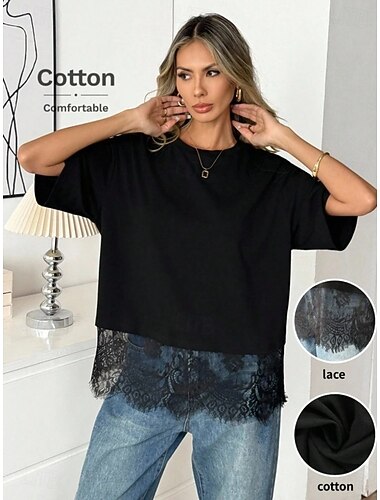  Naisten 100% Cotton Kontrasti pitsi Tyylikäs Klassinen Lyhythihainen Tiukka pyöreä kaula-aukko Tavalliset topit Kausaliteetti Musta Valkoinen Kesä Kevät