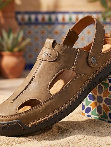  Khaki herensandalen met gesloten neus, vissersmodel, slingback, comfortabele wandelschoenen, ademend, casual zomerschoeisel voor eiland- en cruisevakanties, resortreizen, wandelingen op het dek en ontspanning aan de kust.