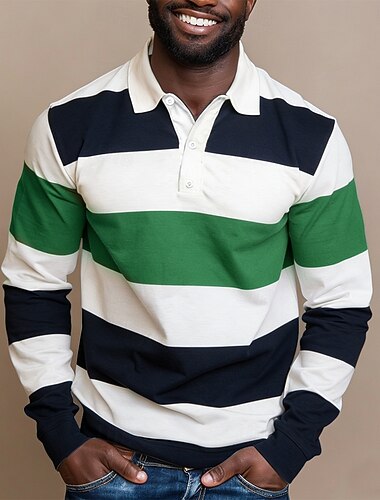  Herre Stribet Rugby Polo Langærmet Polo skjorter Skjorter med krave Sportstøj Afslappet udendørs Skole atletiktøj 3D-udskrivning Forår Efterår Blå Rød Grøn