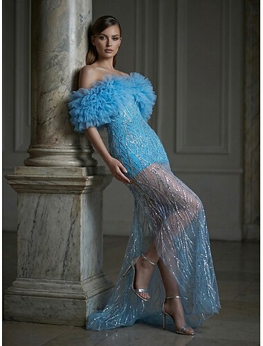  Trompet zeemeermin Strijksleep Galajurken Elegant Glitter Mouwloos Schouderafhangend Schoolfeest Formeel Kant Pailletten met Pailletten Borduurwerk