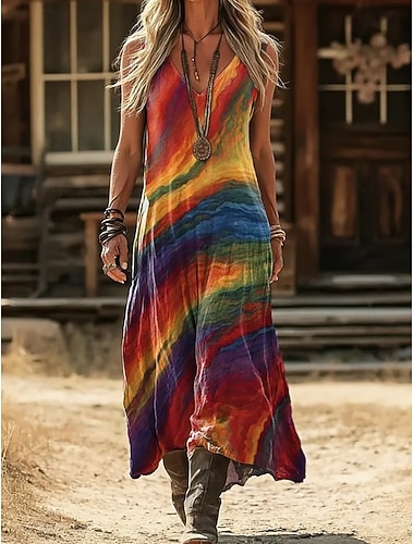  Damen Maxikleid A Linie Kleid Lässig Strand Straße Ferien Normale Passform Blumen Grafik Abstrakt Ärmellos V Ausschnitt Rostrot Rote Purpur Braun Sommer Frühling