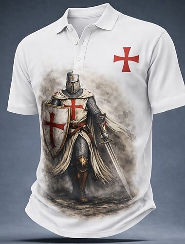  男性用 テンプル騎士団 ポロシャツ 半袖 ポロシャツ ラペル カジュアル ストリート アスレイジャー デイリーウェア 3Dプリント ボタン 高通気性メッシュ 夏 春 ブラック ホワイト ルビーレッド