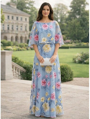  A-Linie Kleid Bodenlang Partykleid Cocktailkleid Brautmutterkleid Halbarm U-Boot-Ausschnitt Elegant Vintage Formell Hochzeitsgast Ferien Chiffon mit Blumenmuster Rüschen Applikationen