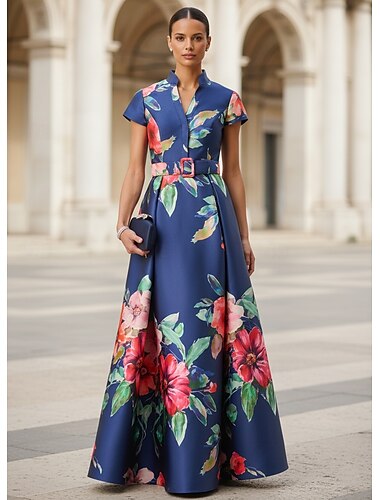  A-linje Gulvlengde Ballkjole med kappe Kveldskjoler Ballkjole Elegant Årgang Blomster Kortermet V-hals Bryllup Formell Lomme Sateng med Blomstertrykk Plissert Lomme