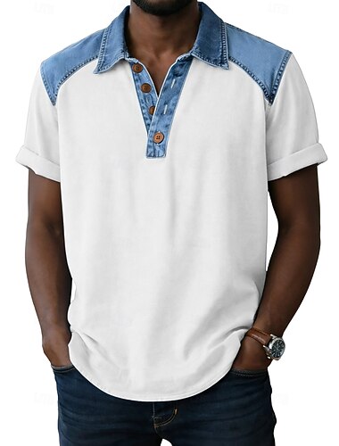  رجالي قمصان البولو قميص دنيم فضفاض عمل Lapel كم قصير أساسي الحديث ألوان متناوبة بقع Buttons للربيع والصيف أزرق أسود أبيض أزرق البحرية بني أخضر قمصان البولو