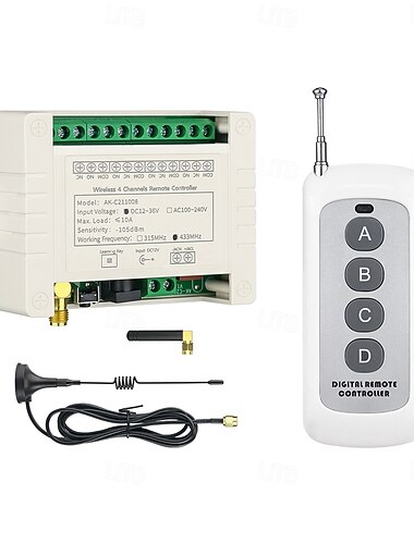  Przełącznik zdalnego sterowania bezprzewodowego 4-kanałowy DC 12 V 24 V 36 V, moduł odbiornika przekaźnikowego RF 433 MHz z 2 antenami dalekiego zasięgu &Nadajnik 4-przyciskowy, kontroler 10A do