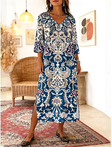  בגדי ריקוד נשים שמלת מידי שמלת בוהו שמלת שיפט שמלת קיץ שמלת חוף בוהמיה חופשה אתני חוף חגים פגישה (דייט) מונח בצורה רפויה גראפי מופשט שרוול 4\3 צווארון V פול ורוד מסמיק כתום קיץ אביב