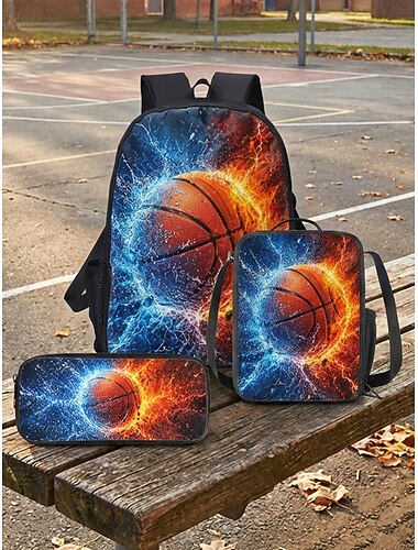  Kinderrugzak met basketbalprint, lunchtas en etui, 3-delige set, polyester schooltas met grote capaciteit en verstelbare schouderbanden voor school, reizen en buitensporten.