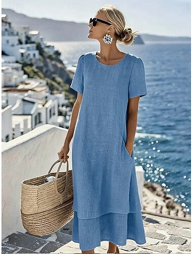  Dames Halflange jurk Casual jurk T shirt jurk Zomerjurk Basic Klassiek Dagelijks Vakantie Ruim Passend Effen Korte mouw Strakke ronde hals blauw Wit Blozend Roze Khaki Zomer Lente