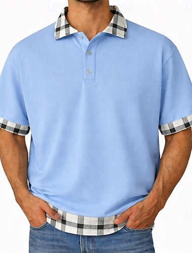  Herre Bowling skjorte Polo skjorter Afslappet Ferie Aftæpning Kortærmet Basale Moderne Farveblok Ternet Farveblok Knapper Sommer Forår Blå Sort Hvid Lilla Bowling skjorte