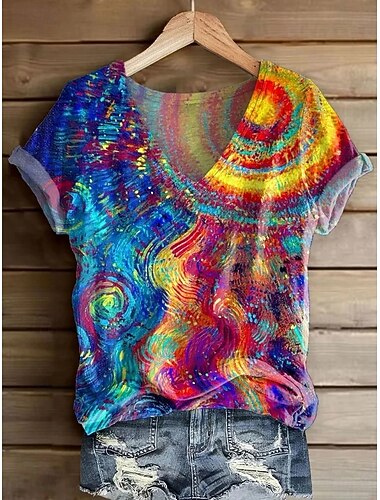  Mujer Camiseta Estampado Ombre Floral Graphic Vintage Elegante Clásico Manga Corta Escote en Pico Tops regulares Diario Fin de semana Azul Piscina Amarillo Verde Trébol Arco Iris Verano Primavera