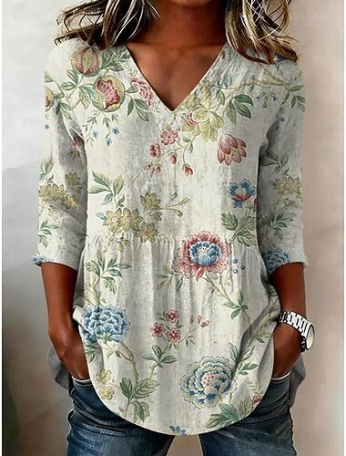  Női Blúz Fodrozott Virágos Grafika Elegáns Stílusos Alkalmi Hosszú ujj V-alakú Hosszú felsők Hétköznapi Napi Munka Bézs Nyár Tavasz