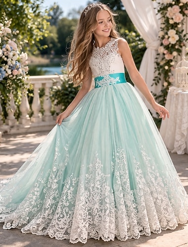  Blumenmädchenkleid Mädchen Formelle Kleidung Erstkommunion Kleid Abendkleid Partykleid Party Hochzeit Elegant Mode Prinzessin Spitze Netz Einfarbig Ärmellos Rundhalsausschnitt Grün 4-13 Jahre
