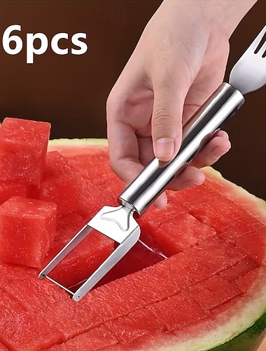  6-teiliger Wassermelonenschneider 2-in-1, Edelstahl-Wassermelonengabel zum schnellen Würfeln von Früchten, tragbarer Melonenschneider für Obstsalat, Sommerpartys, Picknicks, Küchenhelfer