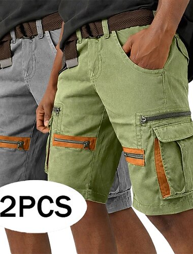 男性用 カーゴパンツ カーゴショーツ ショーツ カジュアルショーツ ポケット 弾性ウエスト カラーブロック 平織り 膝丈 カジュアル アウトドア ストリートウェア ファッション ストリートファッション 緑 + グレー ブラック+カーキ 伸縮性なし