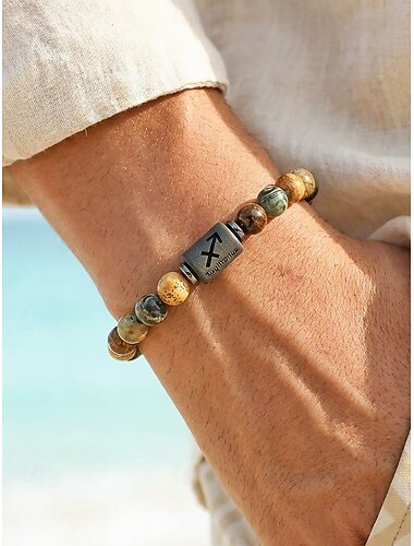  Herenarmband in bohemian stijl met natuurstenen hanger en sterrenbeeldhanger, verstelbare elastische kralen, ideaal cadeau voor strandvakantie en casual dagelijks gebruik.