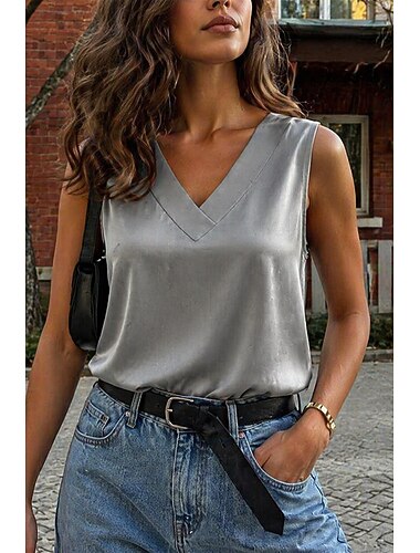 Dames Elegant satijnen top T-shirt Zijden tops Lapwerk Effen Kleur Elegant Vintage Modieus Mouwloos V-hals Normale tops Casual Dagelijks Uitgaan blauw Zilver Wit Beige Zomer Lente
