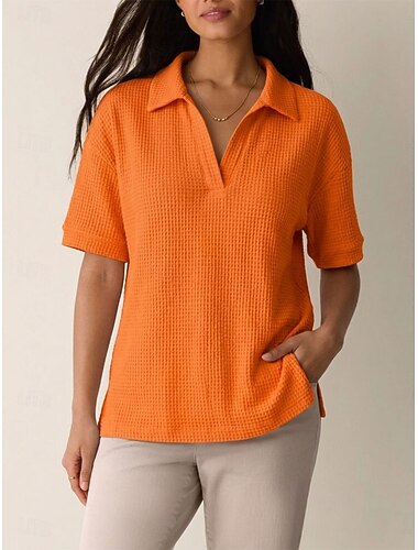 Damen T Shirt Poloshirts T-Shirt Waffelstricktops Einfach Mode Stilvoll Basic Kurzarm Hemdkragen Lange Oberteile Lässig Täglich Ausgehen Blau Schwarz Weiß Orange Grün Sommer Frühling