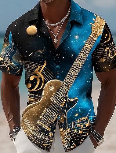  Herre Gitar Musikkinstrument Musikknotater Skjorte Skjorte med knapper Kortermet Vintage retro Daglig musikk festival Sommer Vår Aftæpning 3D-utskrift krage skjorter Blå Lilla Brun