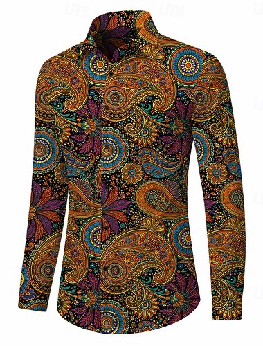  Retro Vintage Anos 70 Camisa Camisa Aloha Manga Comprida Hippie Estampado Cashemere Fantasia Homens Baile de Máscaras Festival de Música Festa Roupa Diária Adulto Camisa