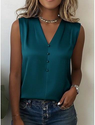  Damen Satin-Top Bluse Knöpfe Einfarbig Stilvoll Basic Lässig Ärmellos V Ausschnitt Normale Oberteile Lässig Täglich Blau Weiß Marineblau Khaki Aprikose Sommer Frühling