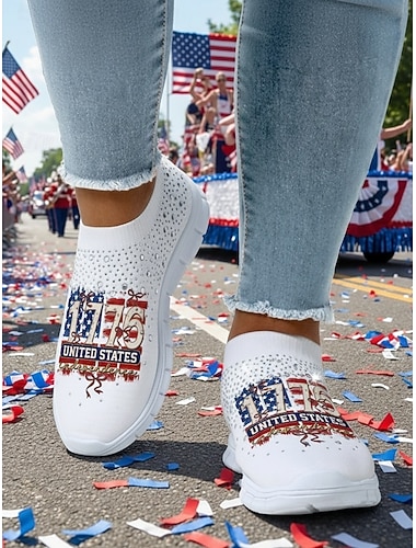  Verenigde Staten 250e verjaardag Vrouwen USA Gebreide Slip-On Sneakers - Lichtgewicht Ademend Wandelschoenen Patriotische Casual Stijl voor Parades Onafhankelijkheidsdag Reizen  Dagelijks Gebruik