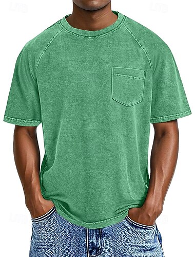  Herren Baumwoll-T-Shirt Gewaschenes Hemd T-Shirt Kurzarm Rundhalsausschnitt Sommer Frühling Ganzjahres Einfarbig Einfach Retro Vintage Betrübt Tasche Stückgefärbt Gewaschen Lässig Urlaub Straße