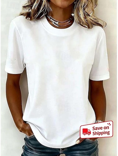  Camisa T-Shirt feminina de 100% algodão sólida moda básica estilosa manga curta gola redonda tops regulares para sair diariamente final de semana azul preto branco amarelo verde claro verão primavera