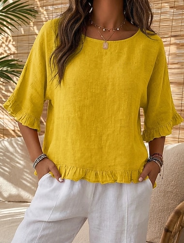  Dame Sommertopper Helfarge Ferie Årgang Kortermet Vanlige topper Avslappet Blå Gul Vin Rød Lys Lilla Sommer Vår