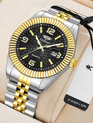  herrklocka lyxig svart bikakebeläggning med urtavla, tvåfärgat guld-silver rostfritt stål kvarts armbandsur, räfflad bezel affärsklocka med datum, elegant herrmodesmycke present