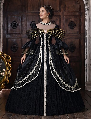  Rococo Barok Baljurk  Tot de grond Jurken Baljurk  Lange Mouwen Prinses Bruids Veters Bloemig Baljurk Vierkante hals Kostuum Dames Koninklijk Halloween Carnaval Maskerade Schoolfeest Teaparty Feesten