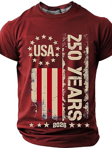  2026年7月4日 250周年 男性用 純色 アメリカの米国旗 Tシャツ 半袖 Tシャツ 3Dプリント クルーネック シャツ ヴィンテージレトロ 愛国 日常 祭り ブルー ブラック バーガンディー 夏 春 衣類 S M L XL 2XL 3XL