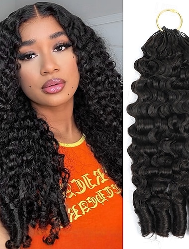  Echthaar-Haarverlängerungen mit Federn, burmesische Locken, unsichtbare Häkelbündel, leichte und wiederverwendbare Haarverlängerungen für Frauen, Naturschwarz