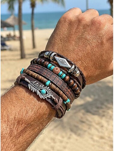  Herenarmbandenset in bohemian stijl, 6-delig, verstelbare lengte, legering, kokosnootschaal &Hout gemengd materiaal, perfect voor een strandvakantie of casual dagelijkse kleding.