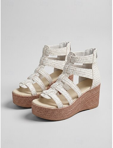  Hvite gladiator romerske kilehælsandaler til dame – stroppedesign med bur, ankelstropp med glidelås bak, uformelle sommersko for ferie, strand, reiser &daglig bruk