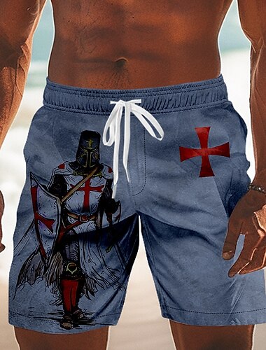  Herren Tempelritter Kreuzfahrer Kreuz Badehosen Badeanzüge Badeshorts Boardshorts Mittlere Taille Retro Vintage Outdoor Urlaub Alltagskleidung Seitentaschen Netzfutter Elastischer Kordelzug in der
