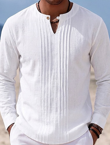  Pánské Košile Lněná košile Letní košile Plážová košile Pevná barva Ležérní Dovolená Vodní modrá Černá Bílá Khaki Dlouhý rukáv Stojáčkový límec Léto Jaro Oblečení Nabírané šaty