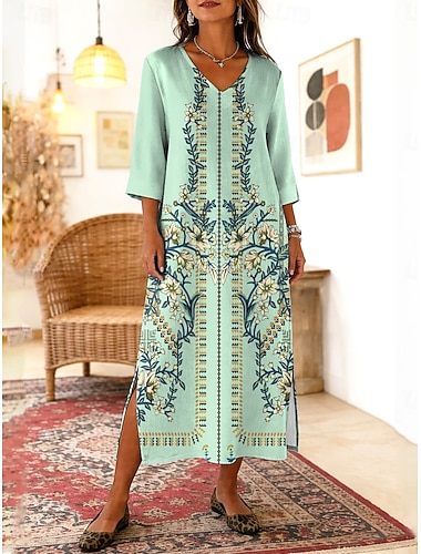  בגדי ריקוד נשים שמלת מקסי שמלת בוהו שמלת שיפט שמלת קיץ שמלת חוף בוהמיה חופשה אתני חוף חגים פגישה (דייט) רגיל גראפי וינטאג' שרוול 4\3 צווארון V שחור ולבן ירוק בהיר סגול קיץ אביב