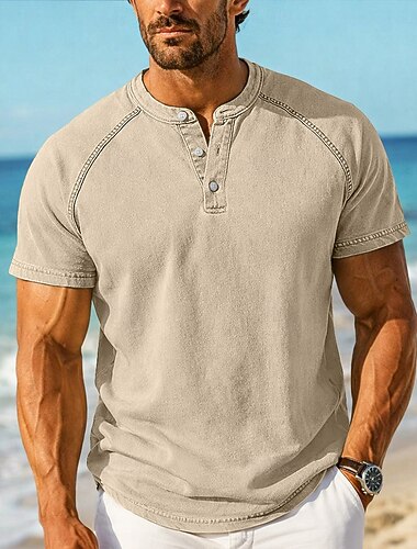 Miehet T-paita Henley-paita 100 % puuvillahappopesupaita Lyhythihainen Henley Syystalvi Kesä Kevät Yhtenäinen väri Tavallinen Vintage Katutyyli Vapaa-aika Vaatteiden värjäys Haalistunut Pesty