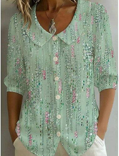  Dame Skjorte Boho skjorte Nyanse Grafisk Geometrisk Elegant Bohem Ferie Peter Pan krage Lange topper Daglig Ferie Ut på byen Blå Lilla Grønn Grå Sommer Vår