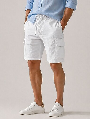  Short cargo en lin pour homme – longueur genou, taille élastique avec cordon de serrage, multipoches, confortable &respirant, décontracté, extérieur &vacances à la plage, noir & blanc