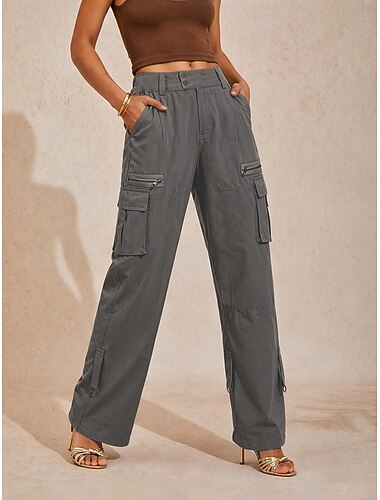  Femmes Pantalons Cargo Pantalon cargo 100% Coton Pantalons Vacances Chic & Moderne Basique Longueur complète Taille haute Uni Avec Poches Bouffant Confort Non Elastique Quotidien Sports Week-end Bleu