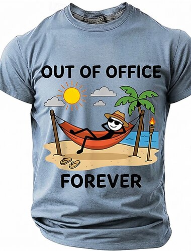  T-shirt graphique humoristique pour homme, manches courtes, col rond, citation « hors du bureau pour toujours », bonhomme bâton se relaxant dans un hamac sur la plage, cadeau d'été humoristique pour