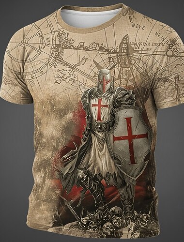  Herr Dödskalle Tempelriddare Kors T-shirt Kortärmad T-shirt 3D-tryck Rund hals Skjorta Gotiskt Vintage retro Gata Mörk fest Svart Kaki Alla årstider Kläder S M L XL 2XL 3XL