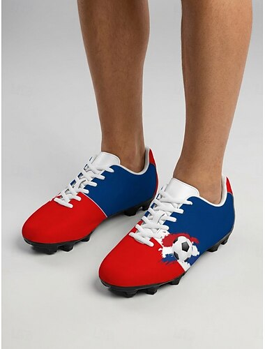  férfi francia fűzős stoplis focicipő, piros-kék focicipő, legyező stílusú kültéri műfű lábbeli edzésre, mérkőzésekre, sportra &hétköznapi viselet