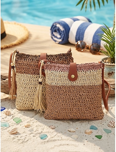  Dameveske i bohemsk stråstil med dusk, justerbar skulderstropp, to farger (offwhite og khaki), lett vevd strandveske, perfekt for ferie, hverdagsbruk, sommerutflukter