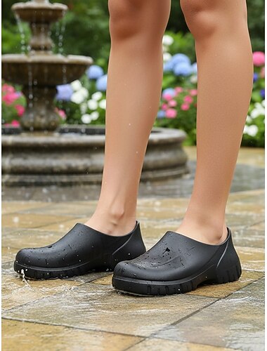  Zwarte waterdichte instapklompen voor dames – duurzame, antislip PVC-schoenen voor casual gebruik, vakantie, strand, tuinieren en dagelijks gebruik.